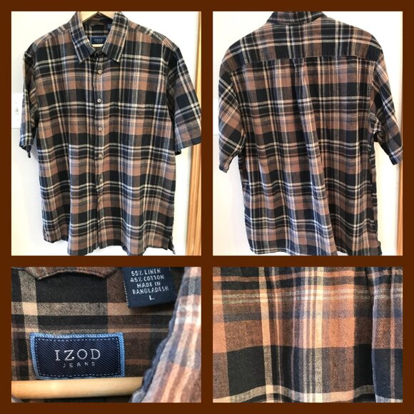 Izod Linen Blend Men's Shirt: Short-Sleeved Button-Down Brown Plaid, Size L - Picture 10 of 10